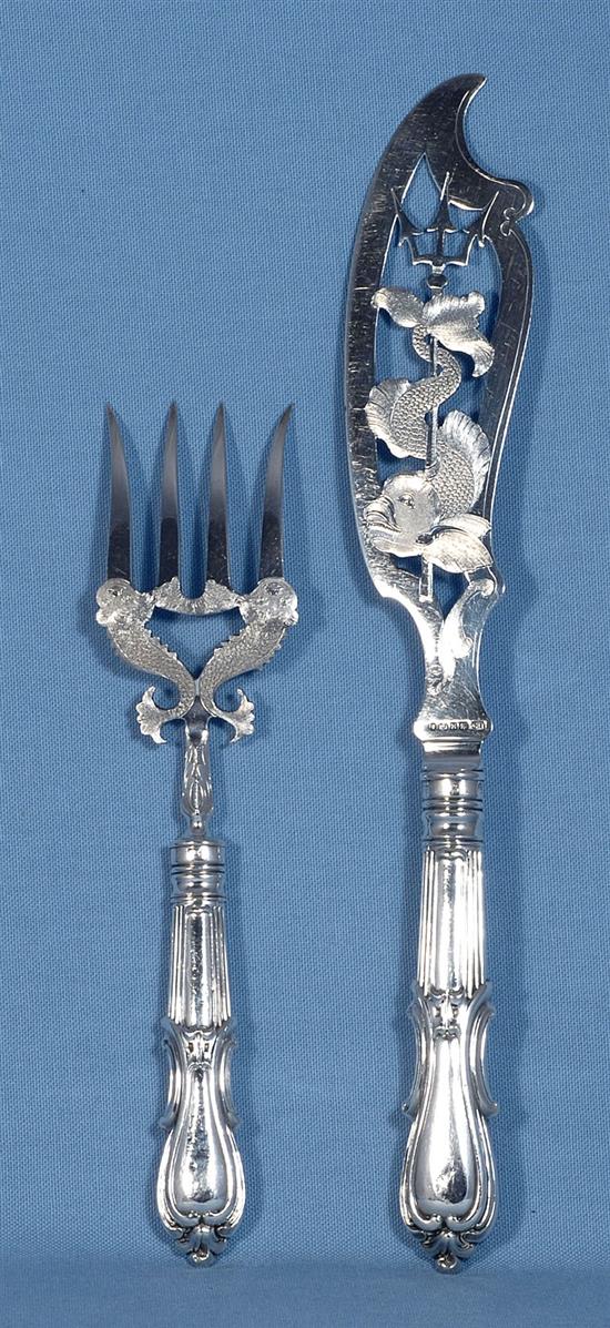 A pair of early Victorian silver fish servers, by Samuel Harwood, Knife 344mm.